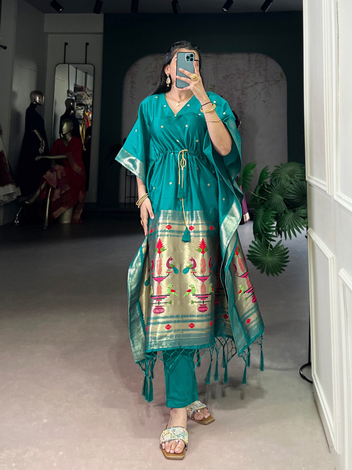Teal Elegant Jacquard Paithani Kaftan with Zari Weaving Work