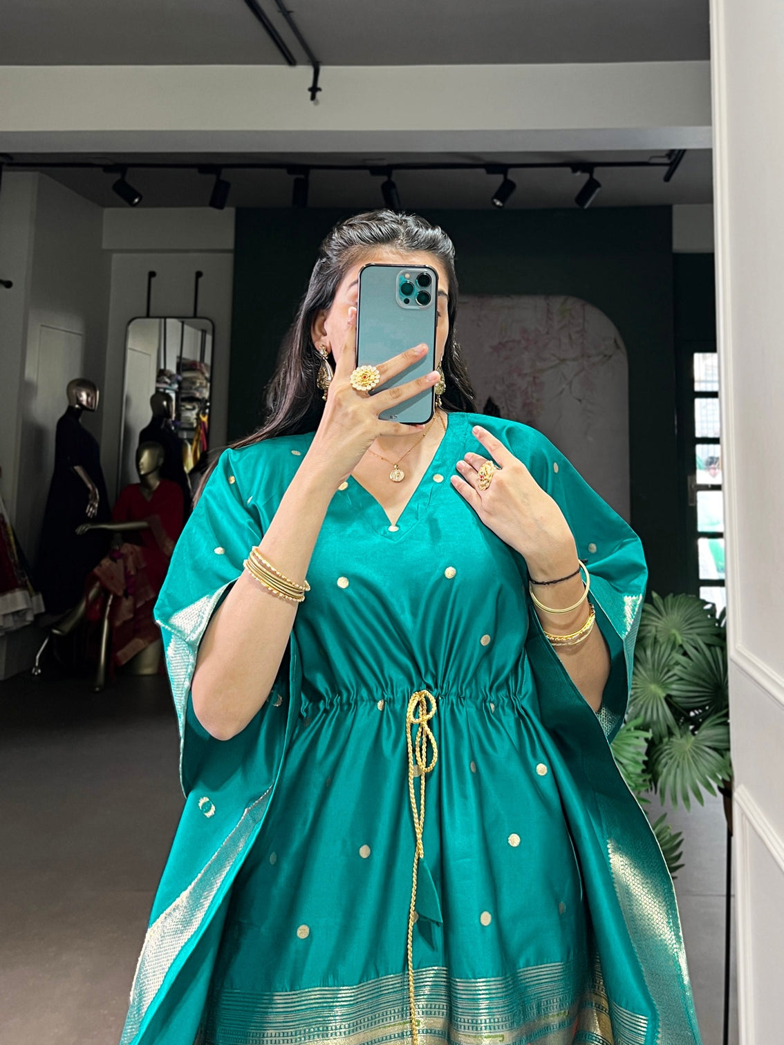 Teal Elegant Jacquard Paithani Kaftan with Zari Weaving Work