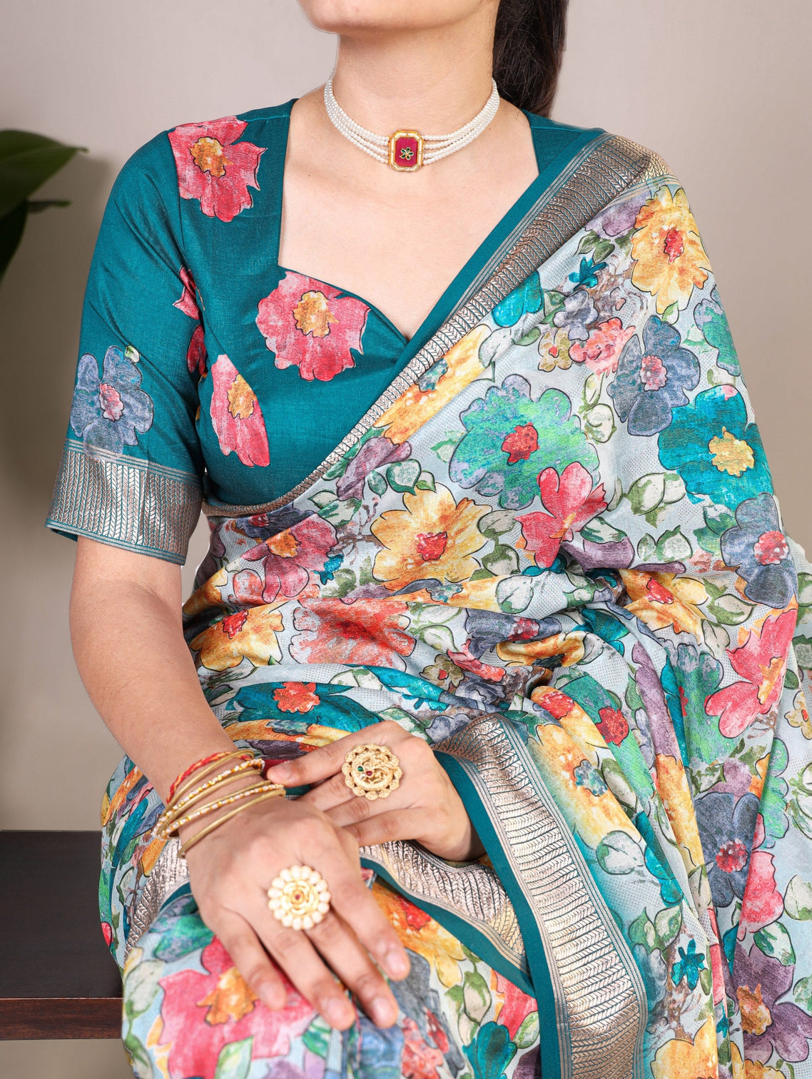 Teal Elegant Tussar Silk Floral Printed Saree with Viscose Border