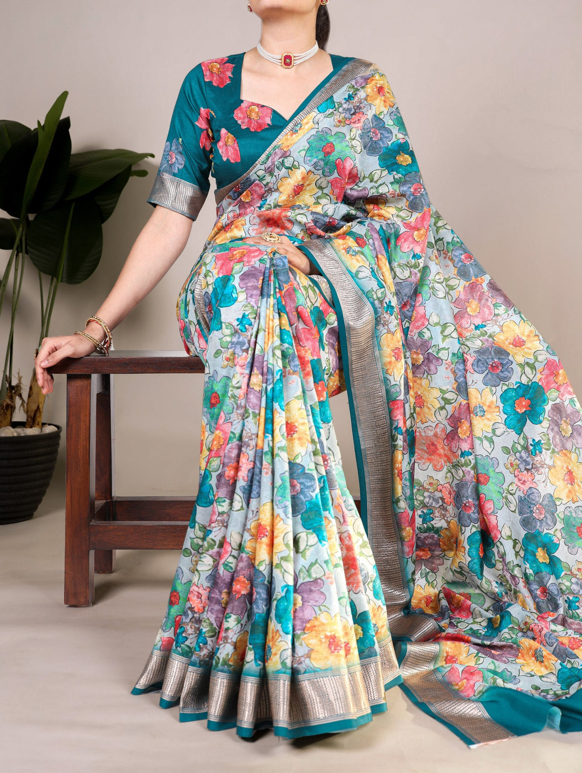 Teal Elegant Tussar Silk Floral Printed Saree with Viscose Border