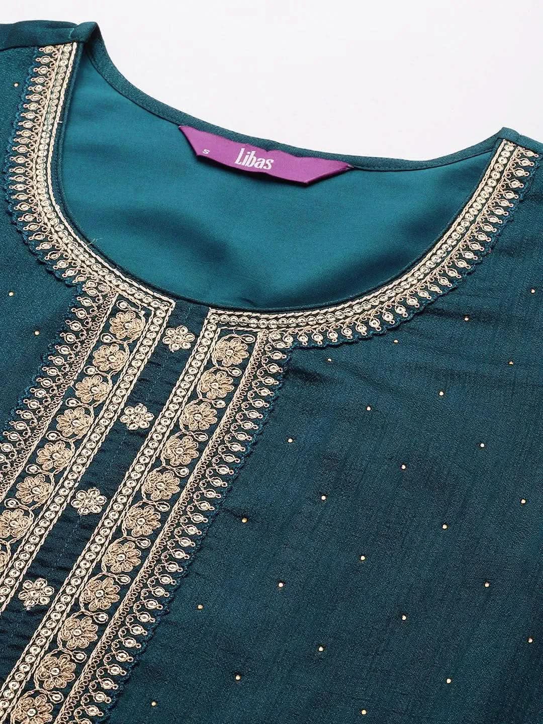 Mameraa Teal Embroidered Silk Blend Straight Kurta With Dupatta