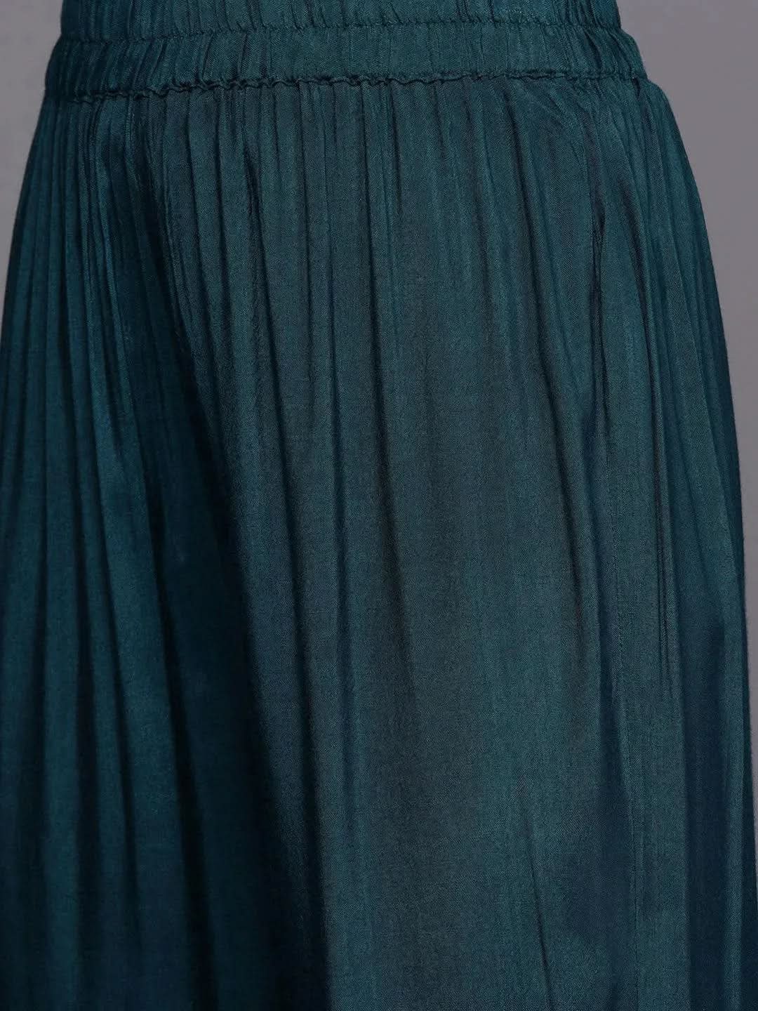 Mameraa Teal Embroidered Silk Blend Straight Kurta With Dupatta