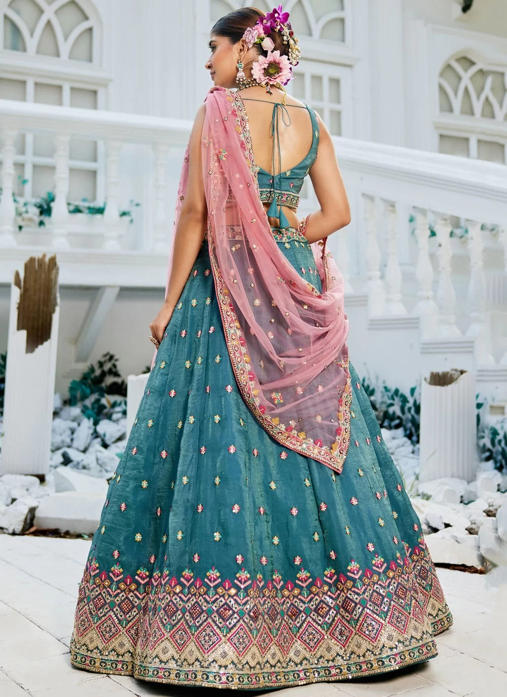 Elegant teal embroidered tissue bridal lehenga choli with sequins work for wedding