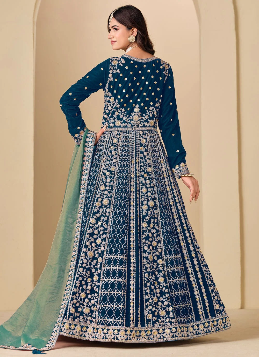 Teal velvet abaya style anarkali suit with embroidery work silk dupatta