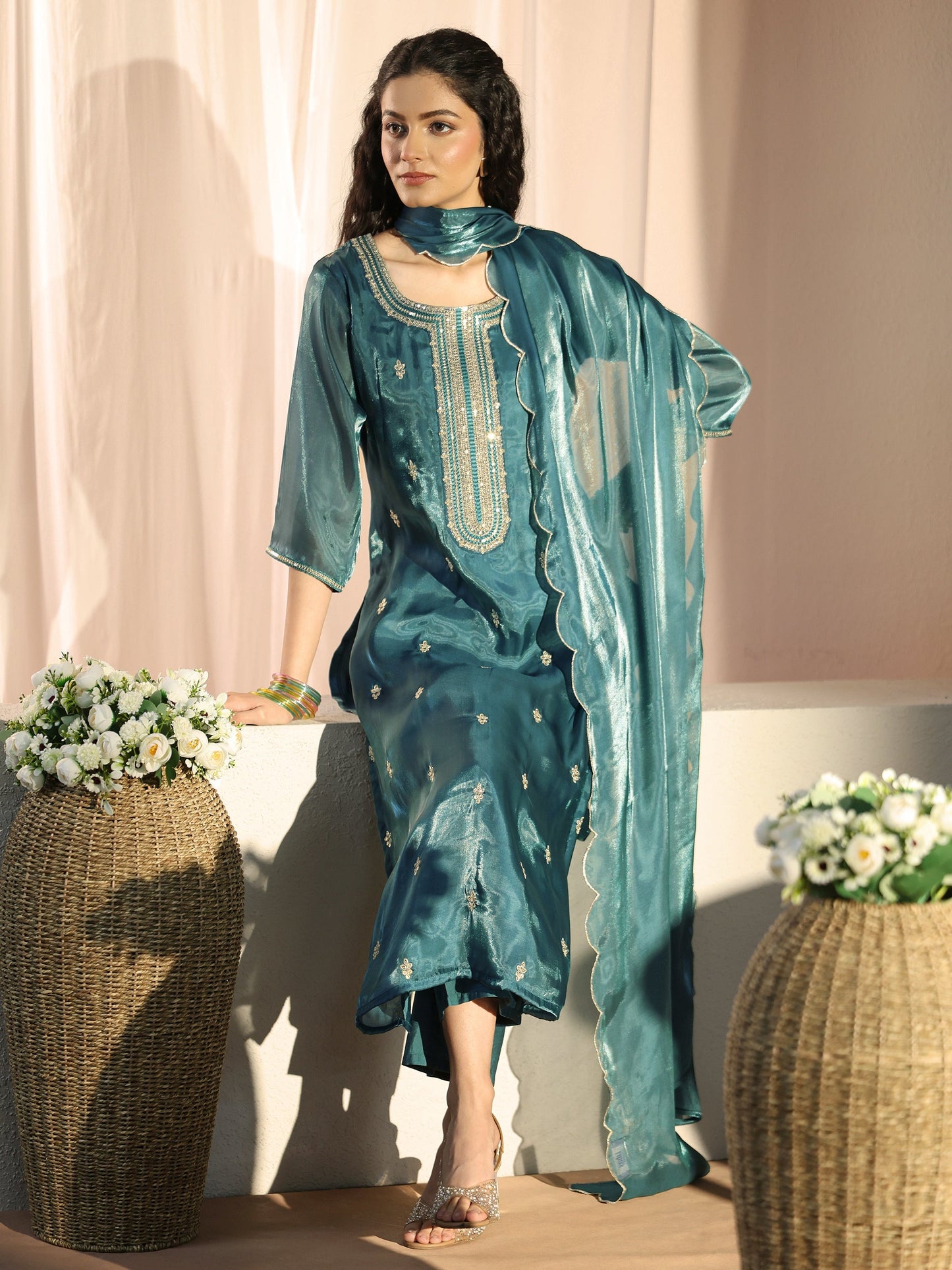 Gerua Teal Ethnic Embroidered Tissue Straight Suit Set