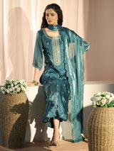 Gerua Teal Ethnic Embroidered Tissue Straight Suit Set