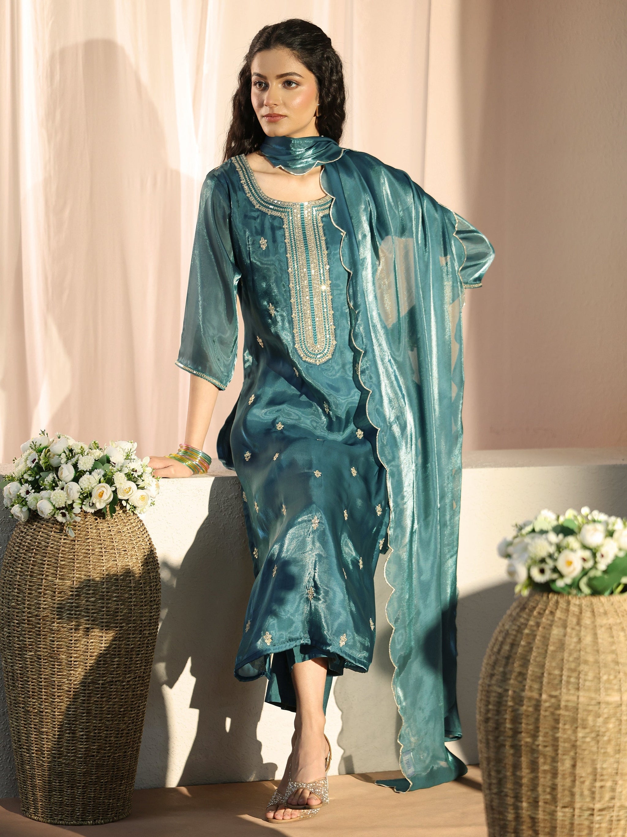Gerua Teal Ethnic Embroidered Tissue Straight Suit Set
