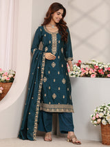 Libas Teal Ethnic Embroidered Silk Blend Straight Suit Set