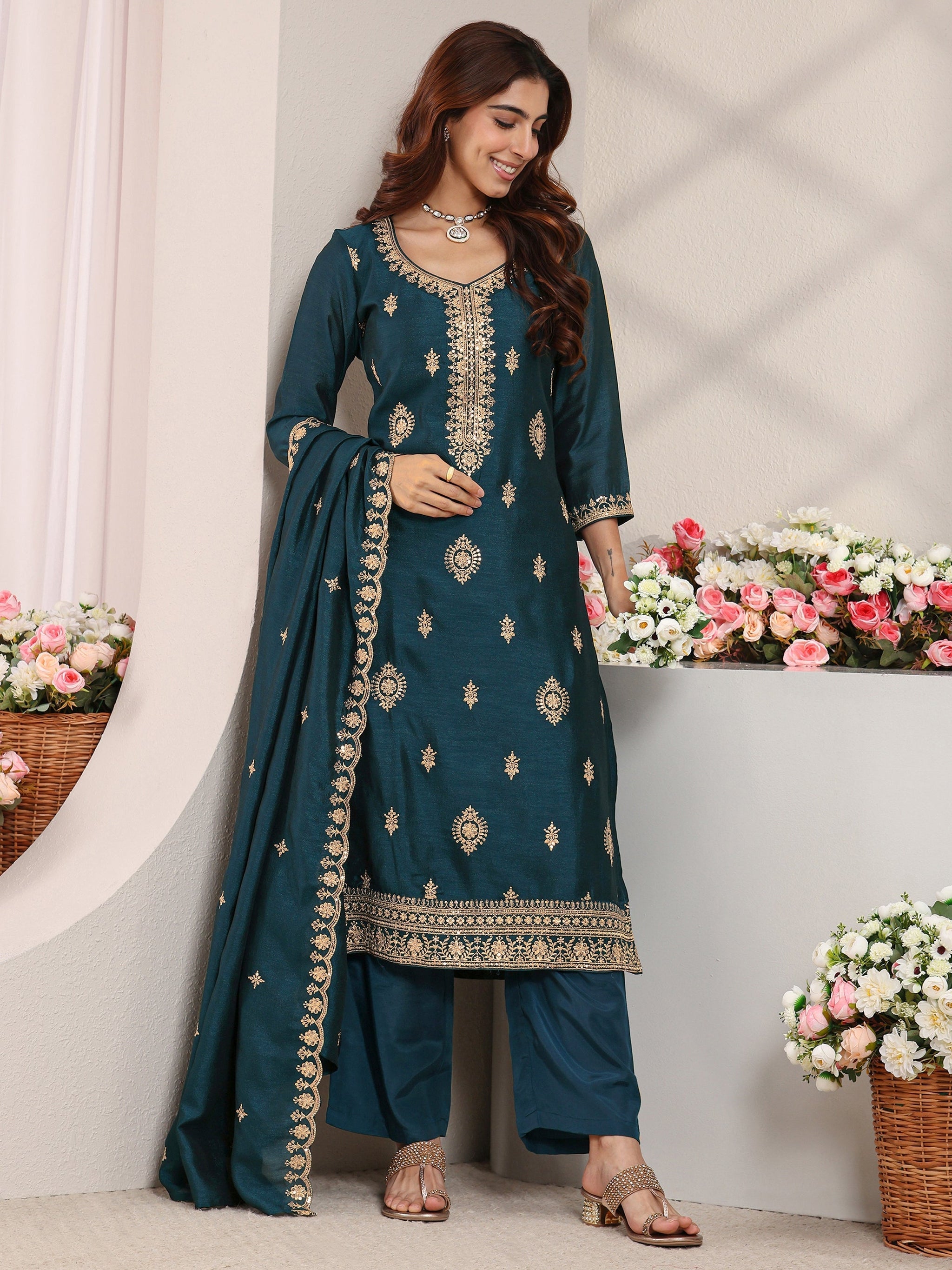 Libas Teal Ethnic Embroidered Silk Blend Straight Suit Set