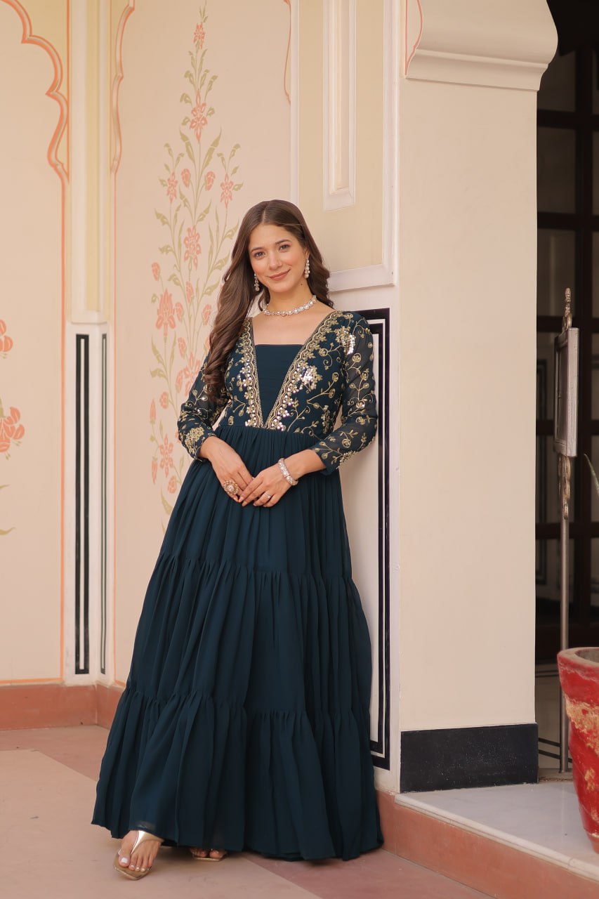Teal Faux Blooming Fabric Embroidered Gown with 12-Meter Flair & Fancy V-Neck Design