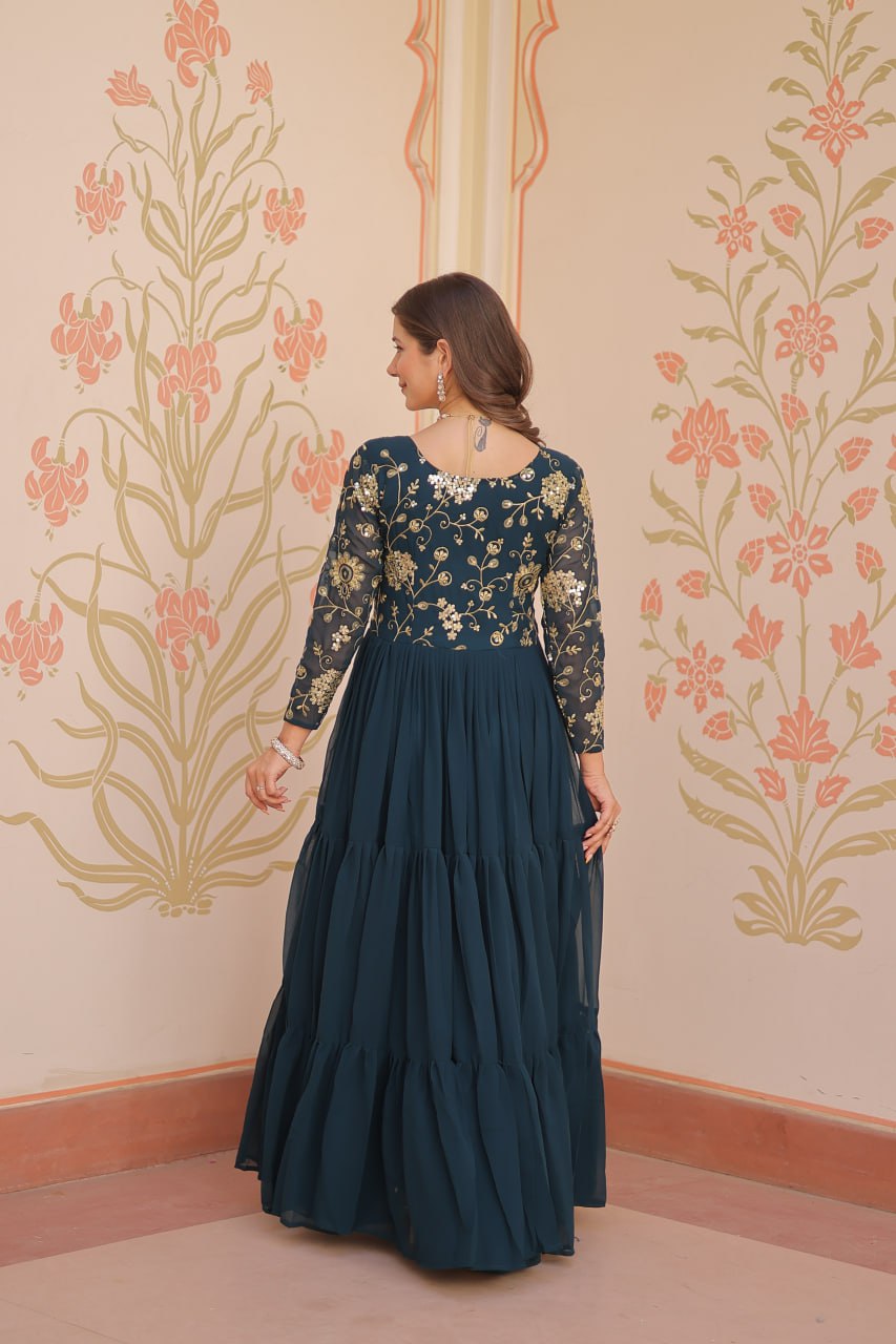 Teal Faux Blooming Fabric Embroidered Gown with 12-Meter Flair & Fancy V-Neck Design