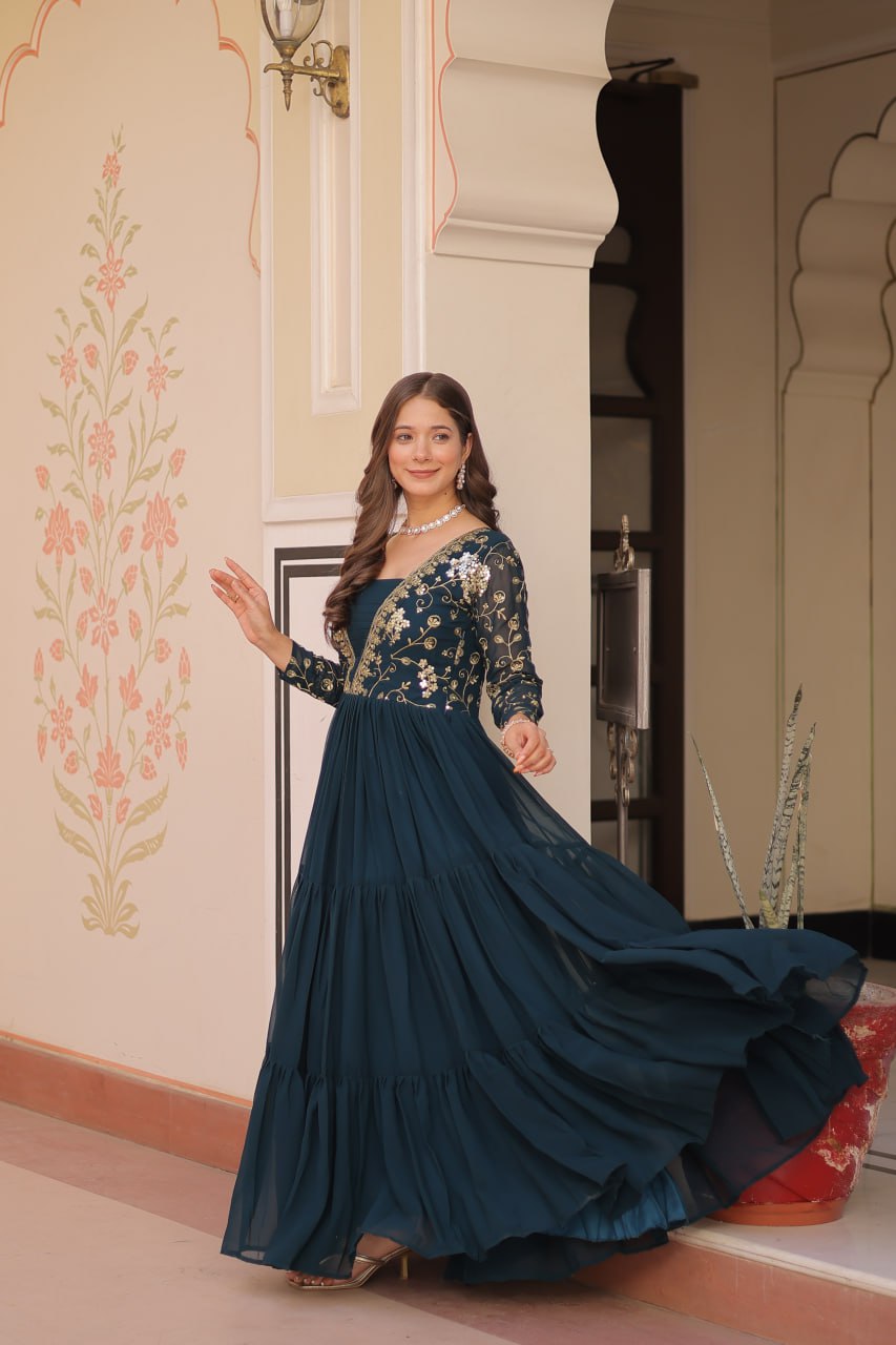 Teal Faux Blooming Fabric Embroidered Gown with 12-Meter Flair & Fancy V-Neck Design