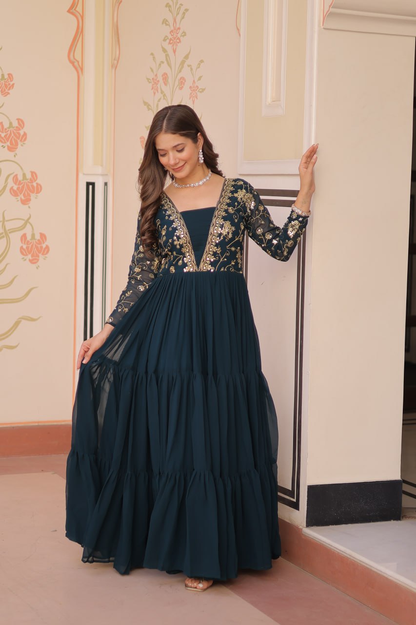 Teal Faux Blooming Fabric Embroidered Gown with 12-Meter Flair & Fancy V-Neck Design
