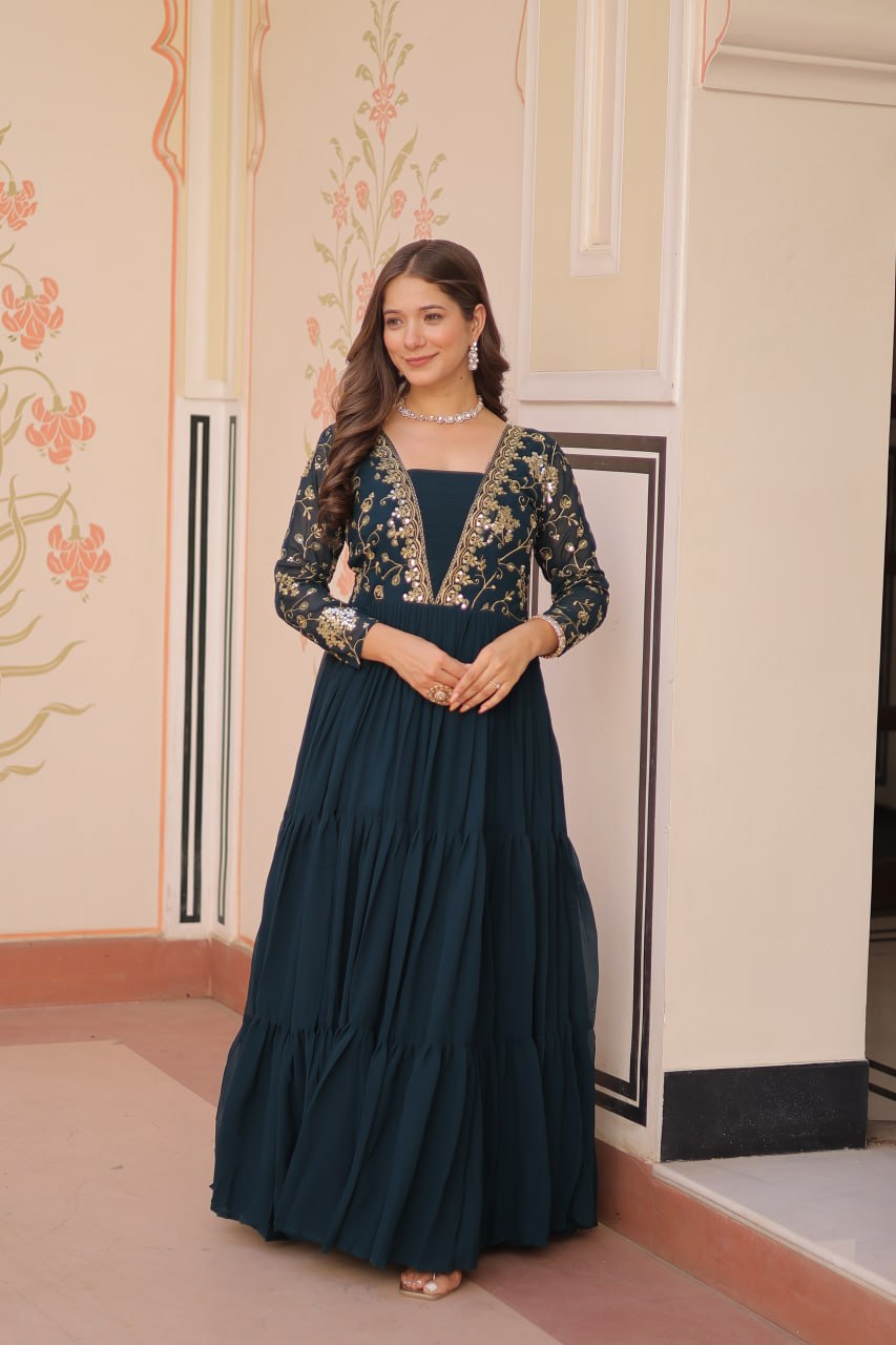 Teal Faux Blooming Fabric Embroidered Gown with 12-Meter Flair & Fancy V-Neck Design