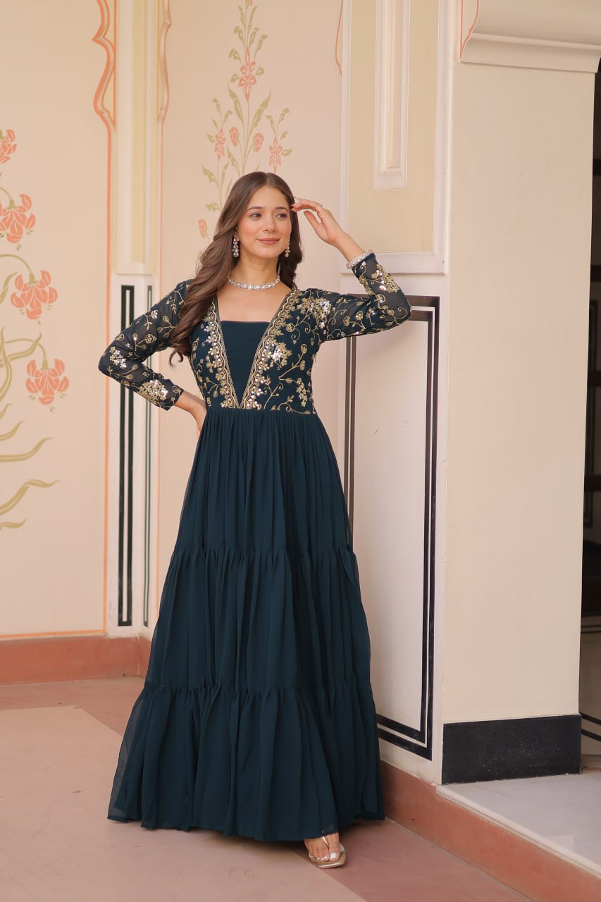 Teal Faux Blooming Fabric Embroidered Gown with 12-Meter Flair & Fancy V-Neck Design