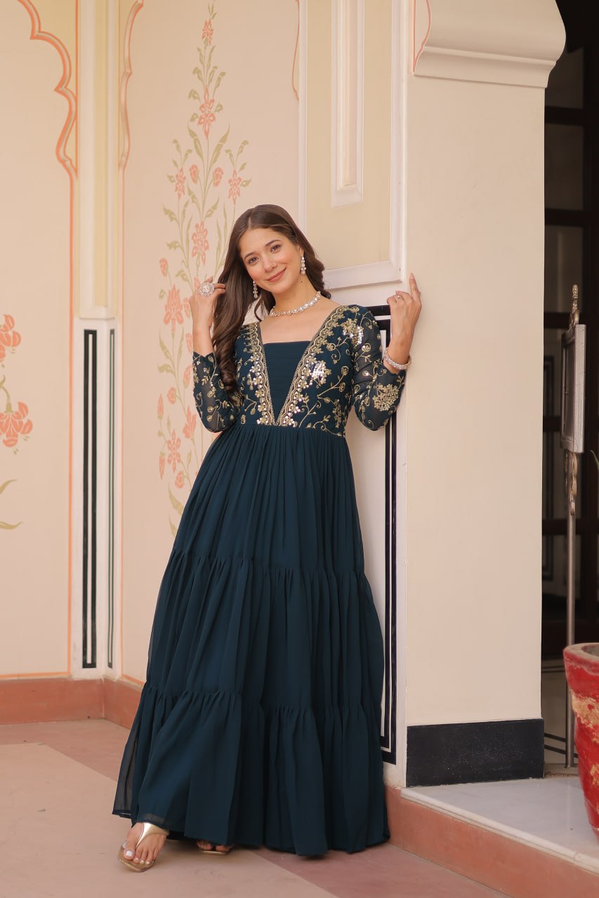 Teal Faux Blooming Fabric Embroidered Gown with 12-Meter Flair & Fancy V-Neck Design