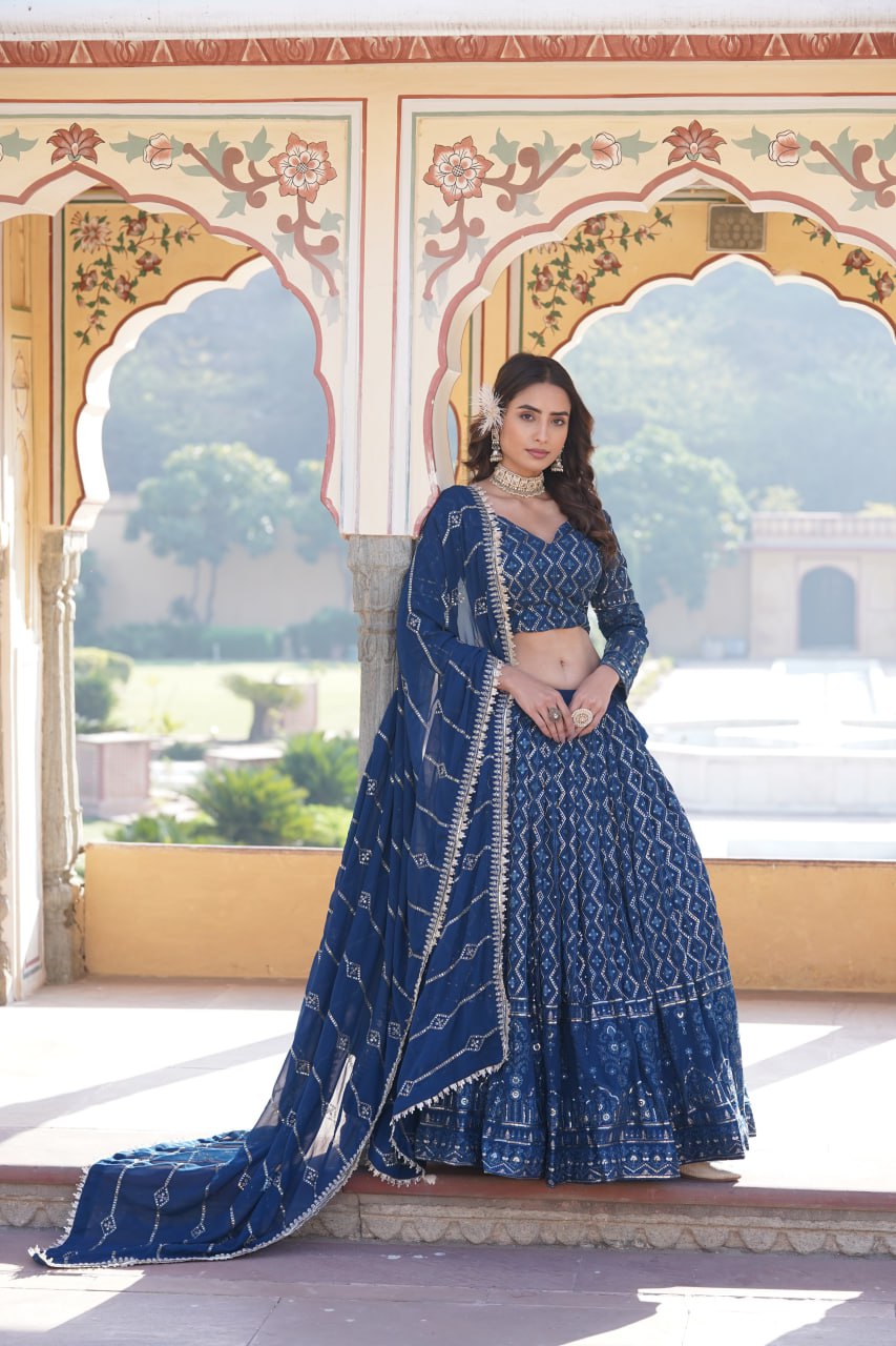 Shimmering Teal Faux Georgette Lehenga Choli with Sequins & Thread Work