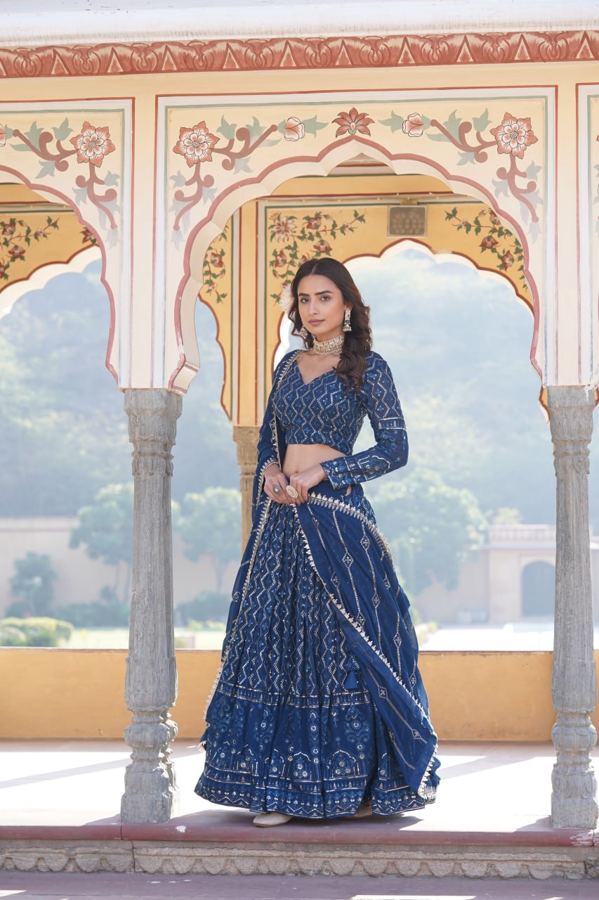Shimmering Teal Faux Georgette Lehenga Choli with Sequins & Thread Work