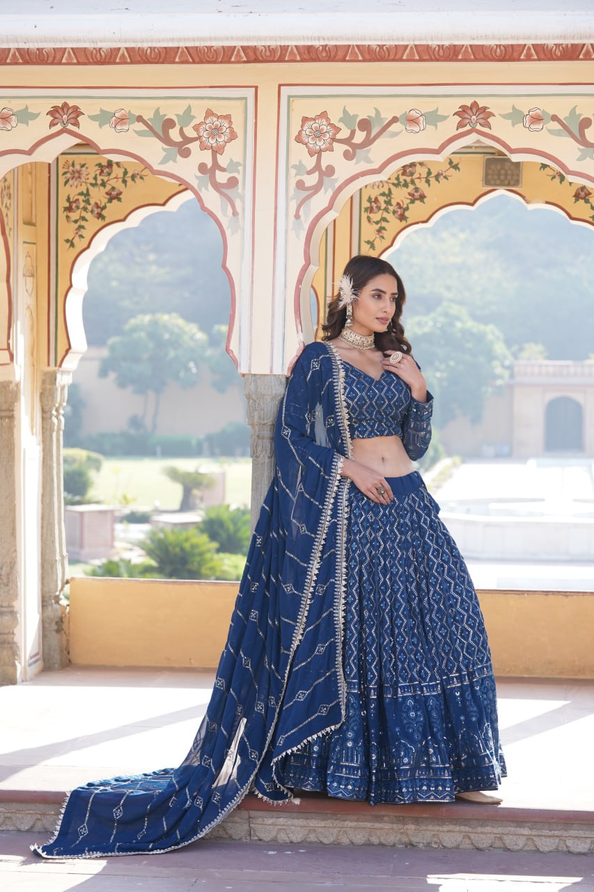 Shimmering Teal Faux Georgette Lehenga Choli with Sequins & Thread Work