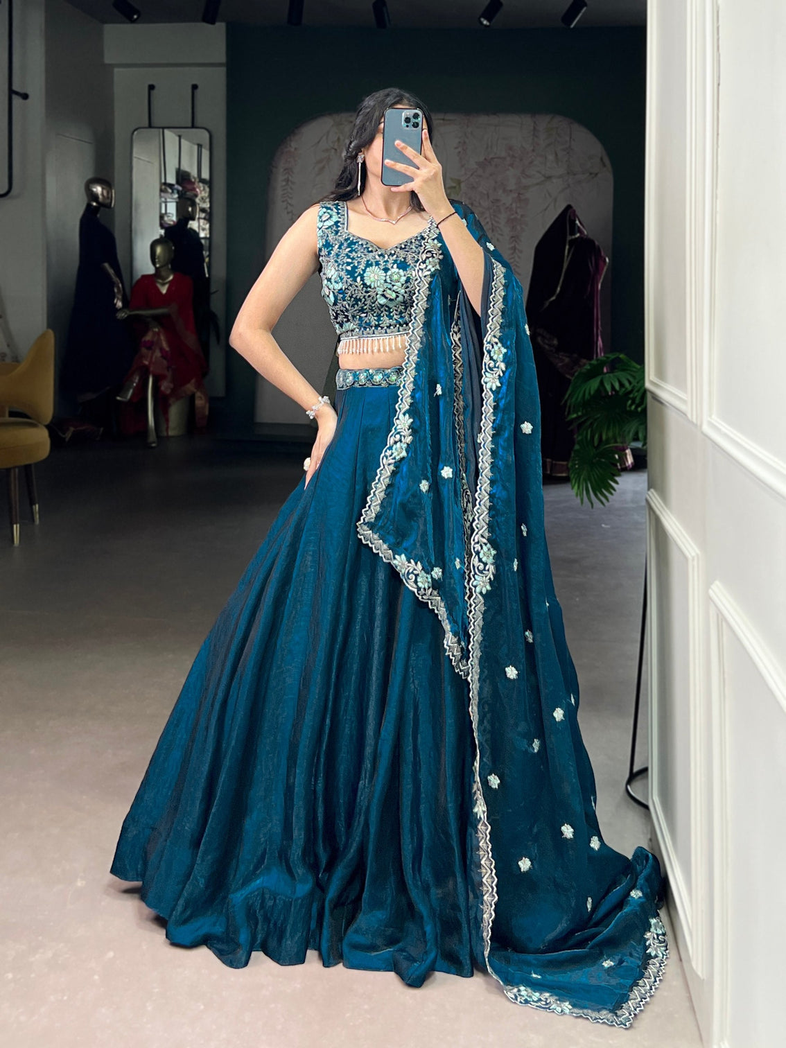 Teal Fendi Fabric Embroidered Lehenga Set with Sequins Work – Stitched Lehenga & Unstitched Blouse