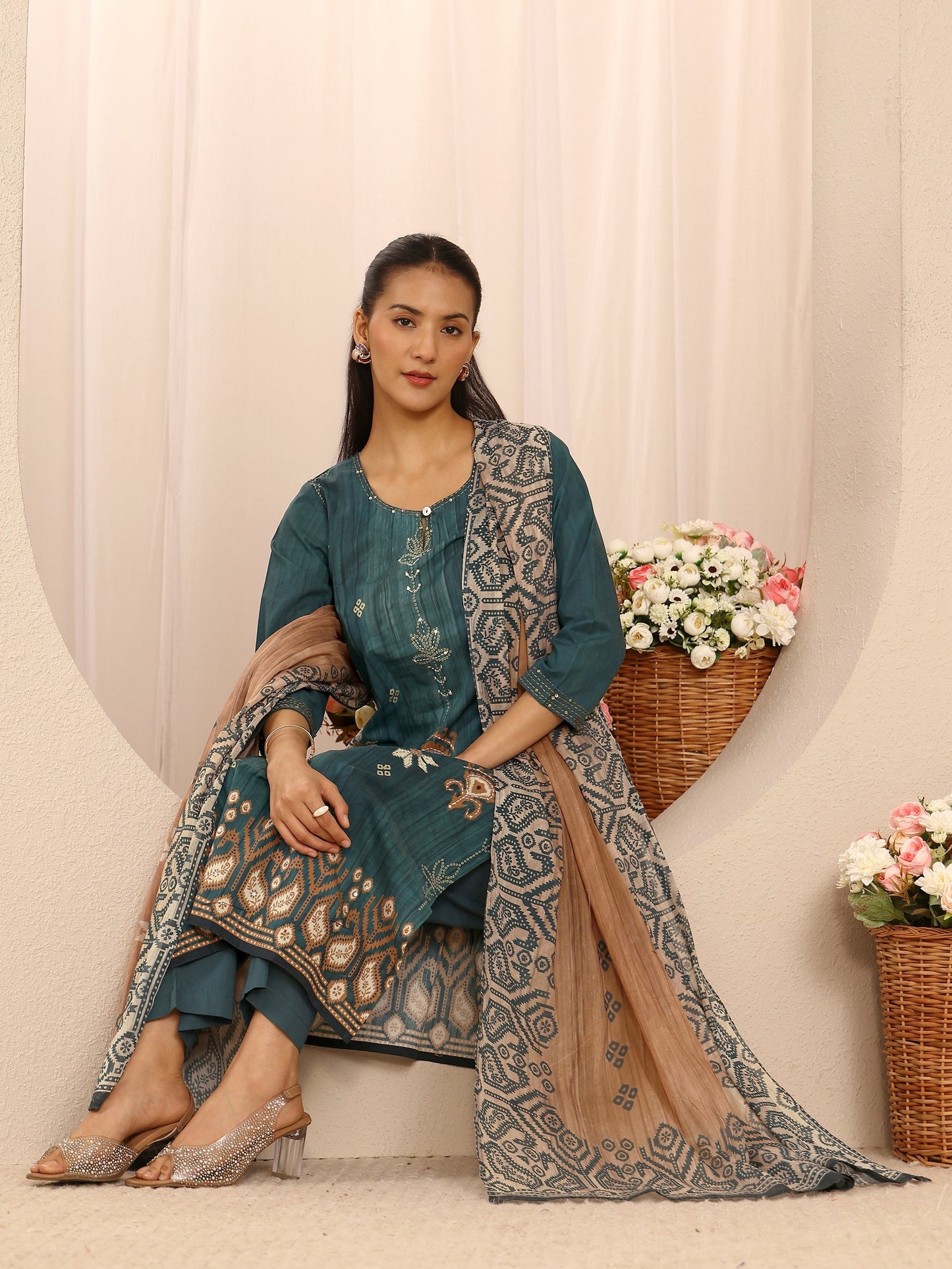 Libas Teal Floral Embellished Cotton Blend Straight Suit Set With Dupatta