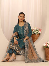 Libas Teal Floral Embellished Cotton Blend Straight Suit Set With Dupatta