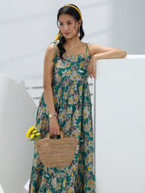 Libas Teal Floral Printed Fit-And-Flare Cotton One-Piece Dress