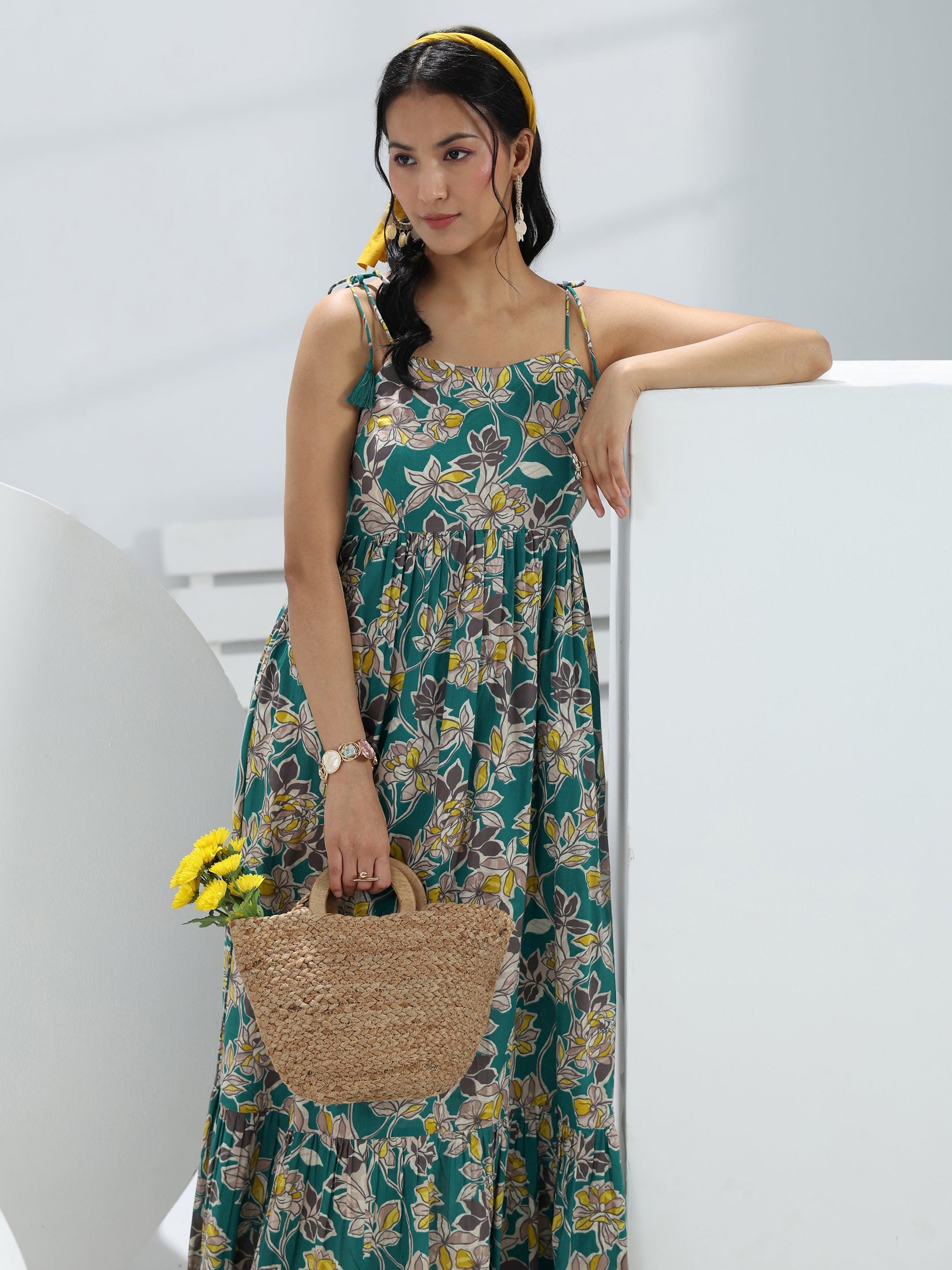 Libas Teal Floral Printed Fit-And-Flare Cotton One-Piece Dress