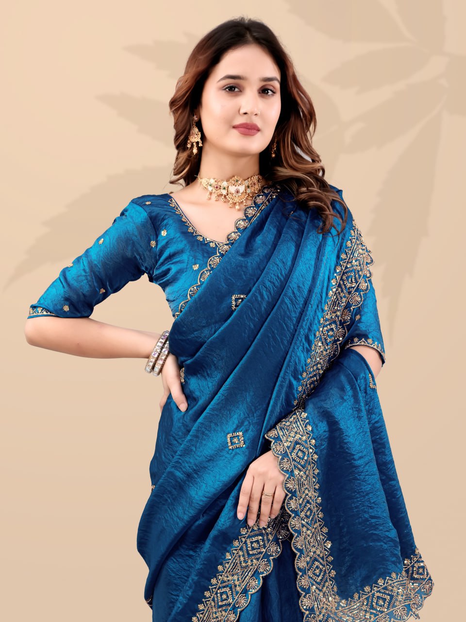 Teal Frendi Silk Saree with Sequin Work