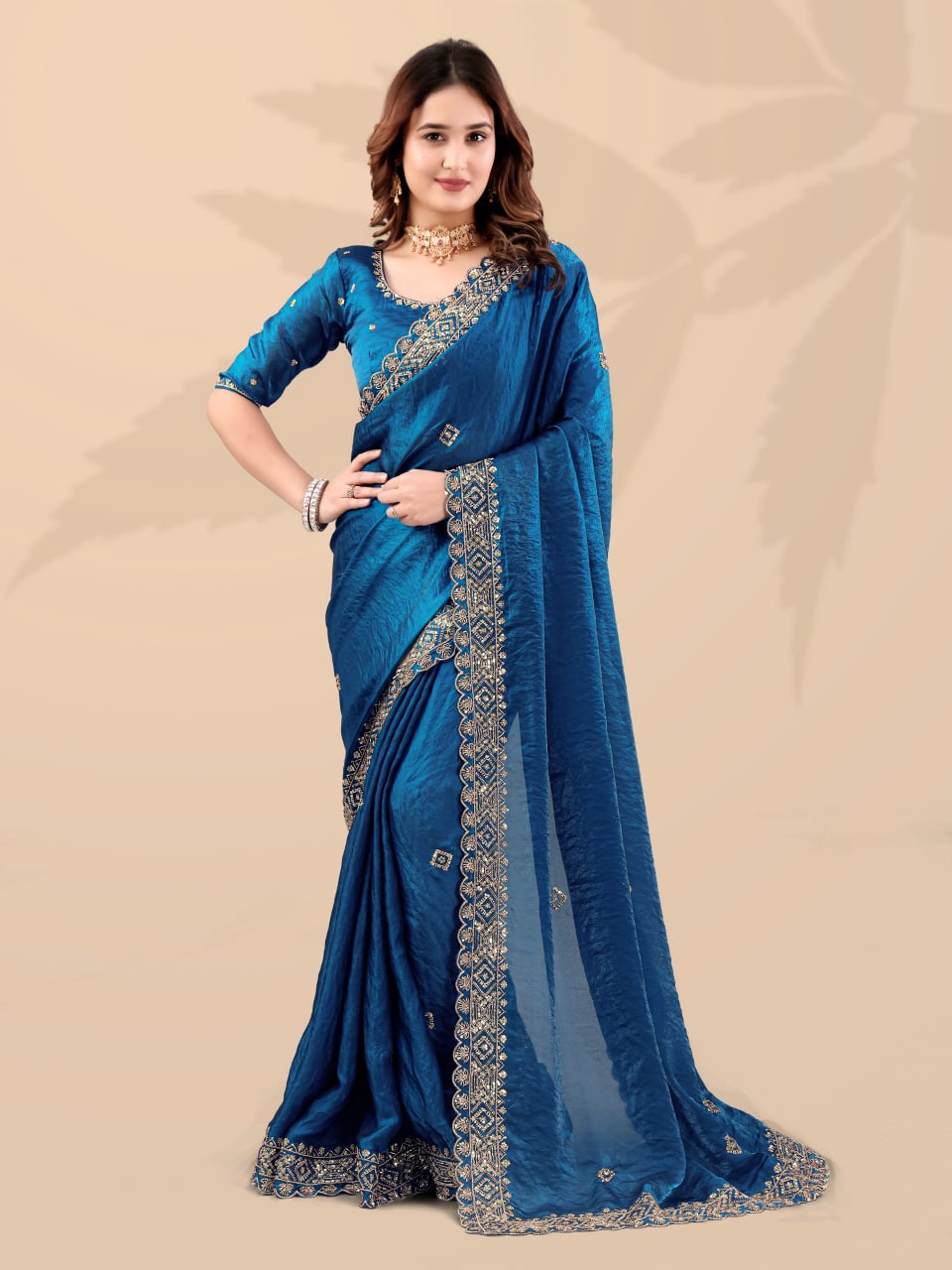 Teal Frendi Silk Saree with Sequin Work