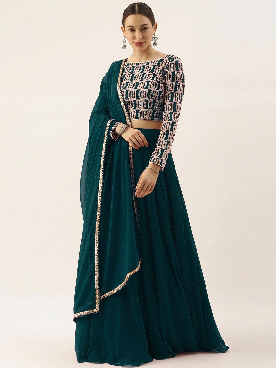 Teal Georgette embroidered and thread work lehenga choli