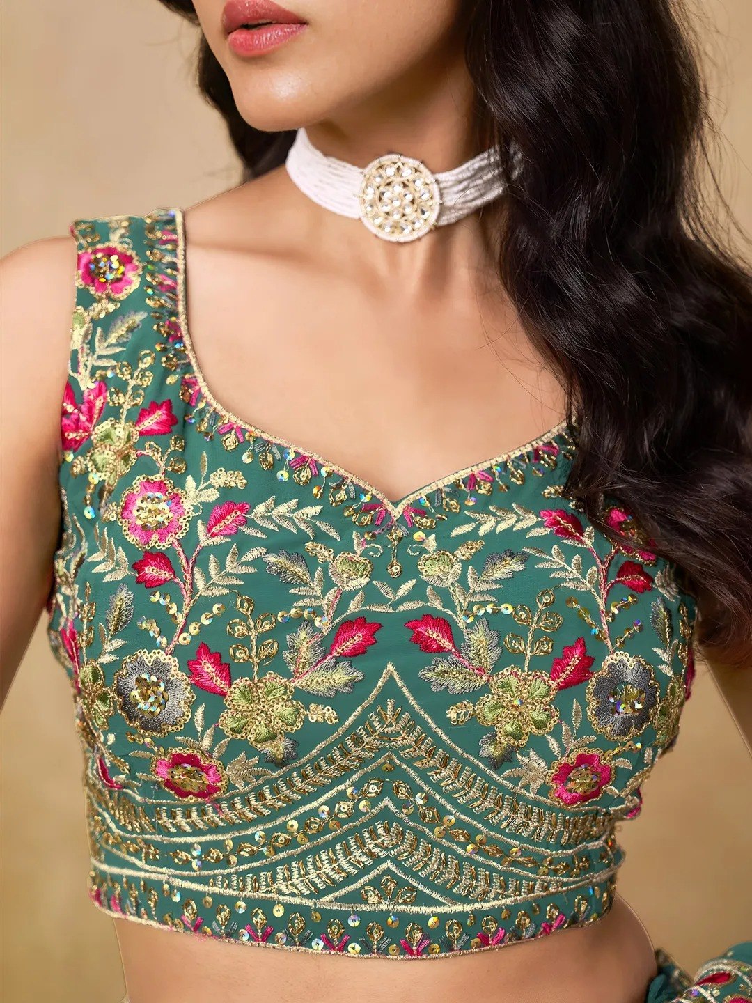 Teal Georgette Embroidered Lehenga Choli