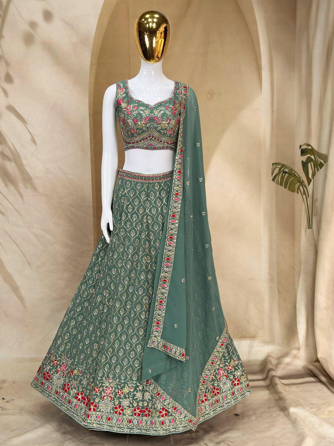 Teal Georgette Embroidered Lehenga Choli
