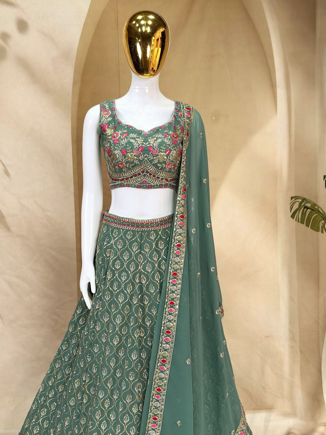 Teal Georgette Embroidered Lehenga Choli