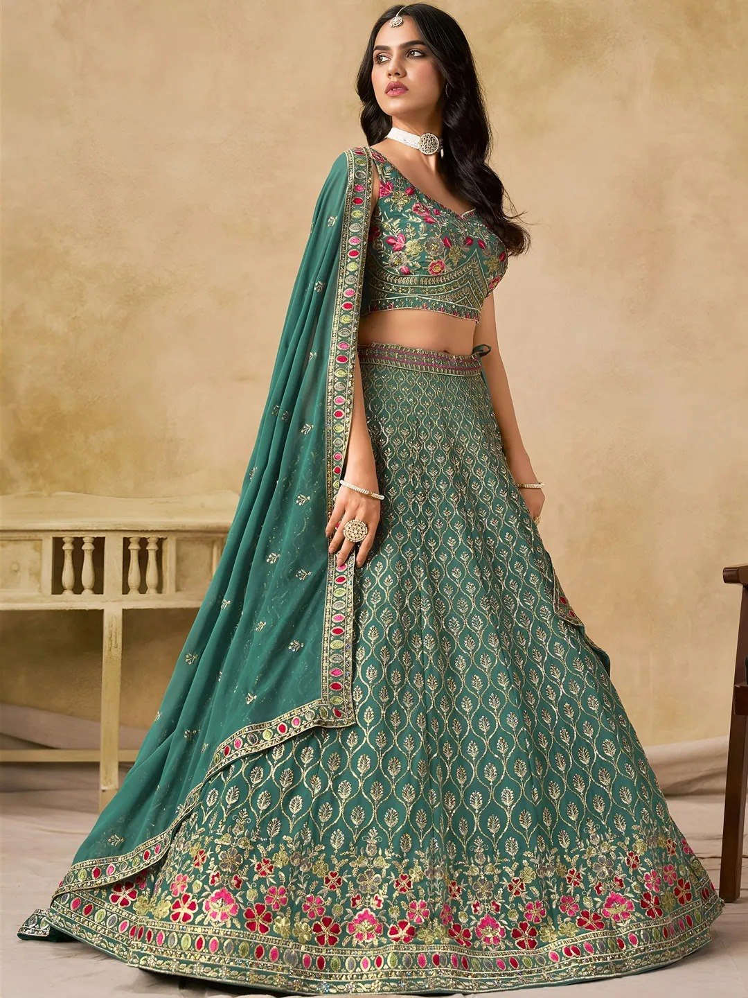 Teal Georgette Embroidered Lehenga Choli