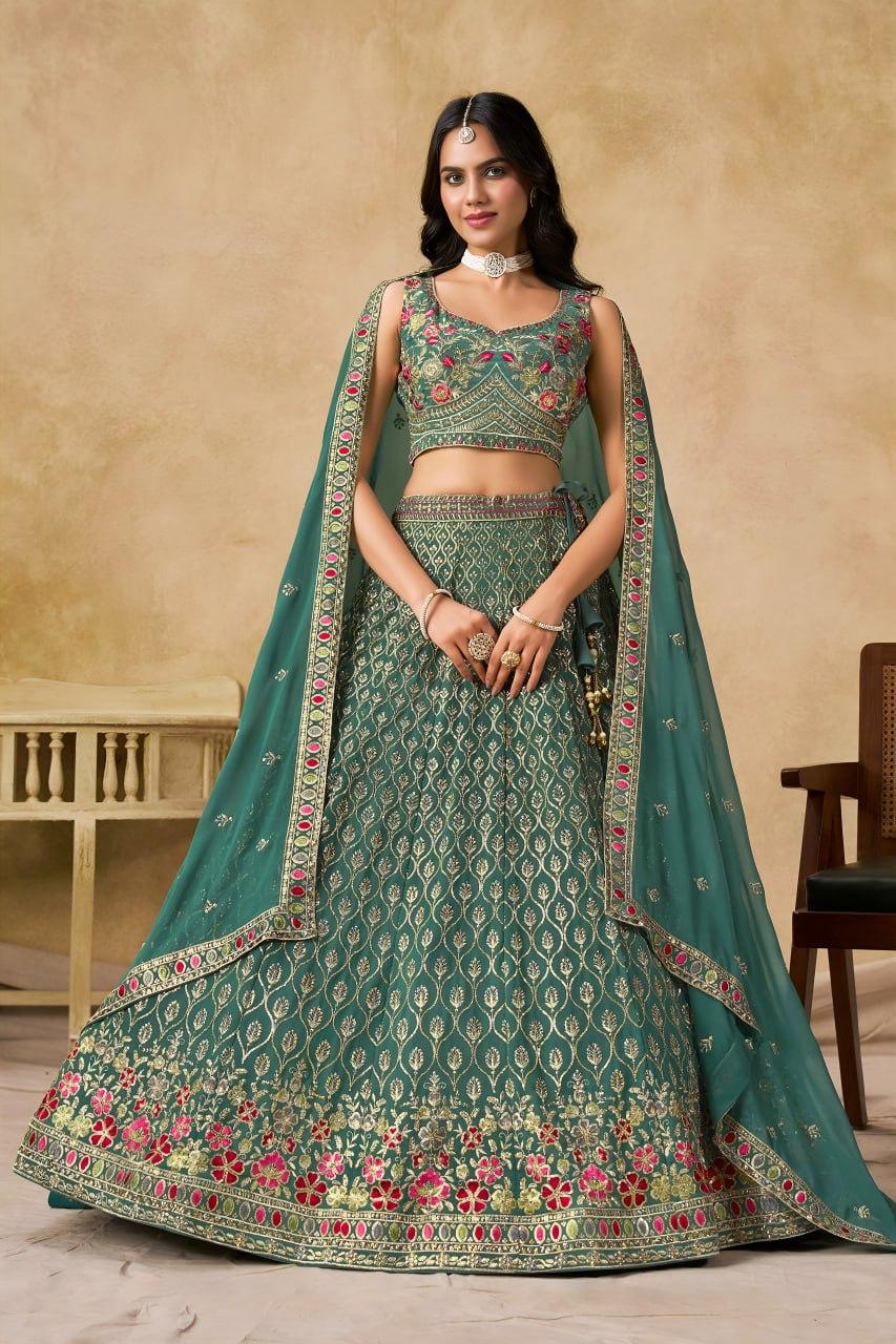 Teal Georgette Embroidered Lehenga Choli