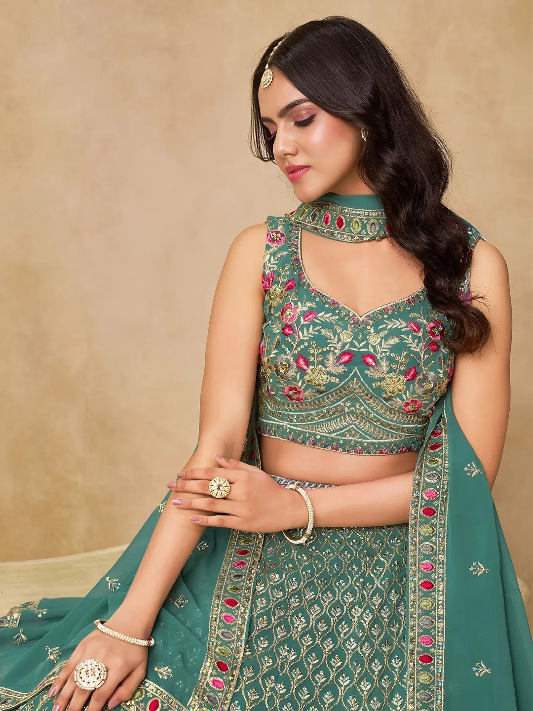 Teal Georgette Embroidered Lehenga Choli