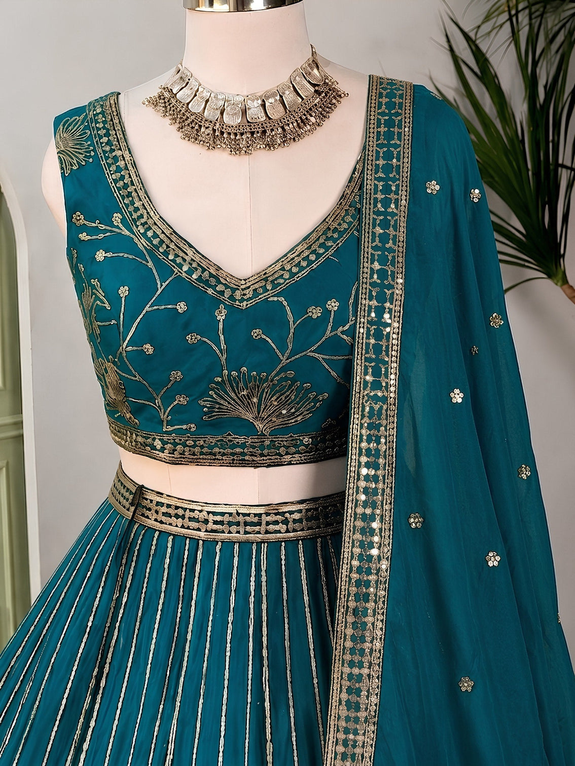 Teal Georgette Embroidered Lehenga