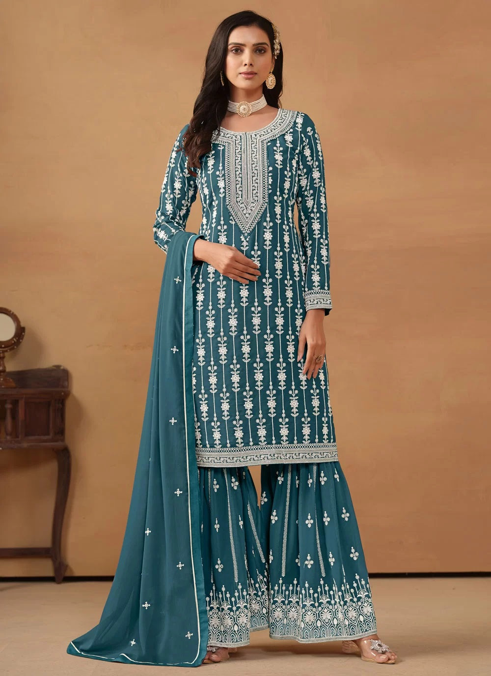Teal georgette embroidered party wear palazzo suit
