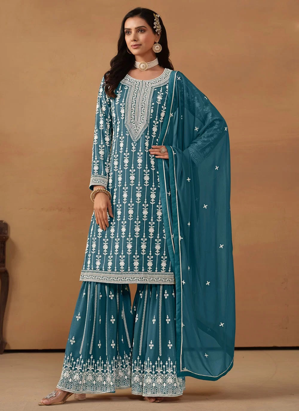 Teal georgette embroidered party wear palazzo suit