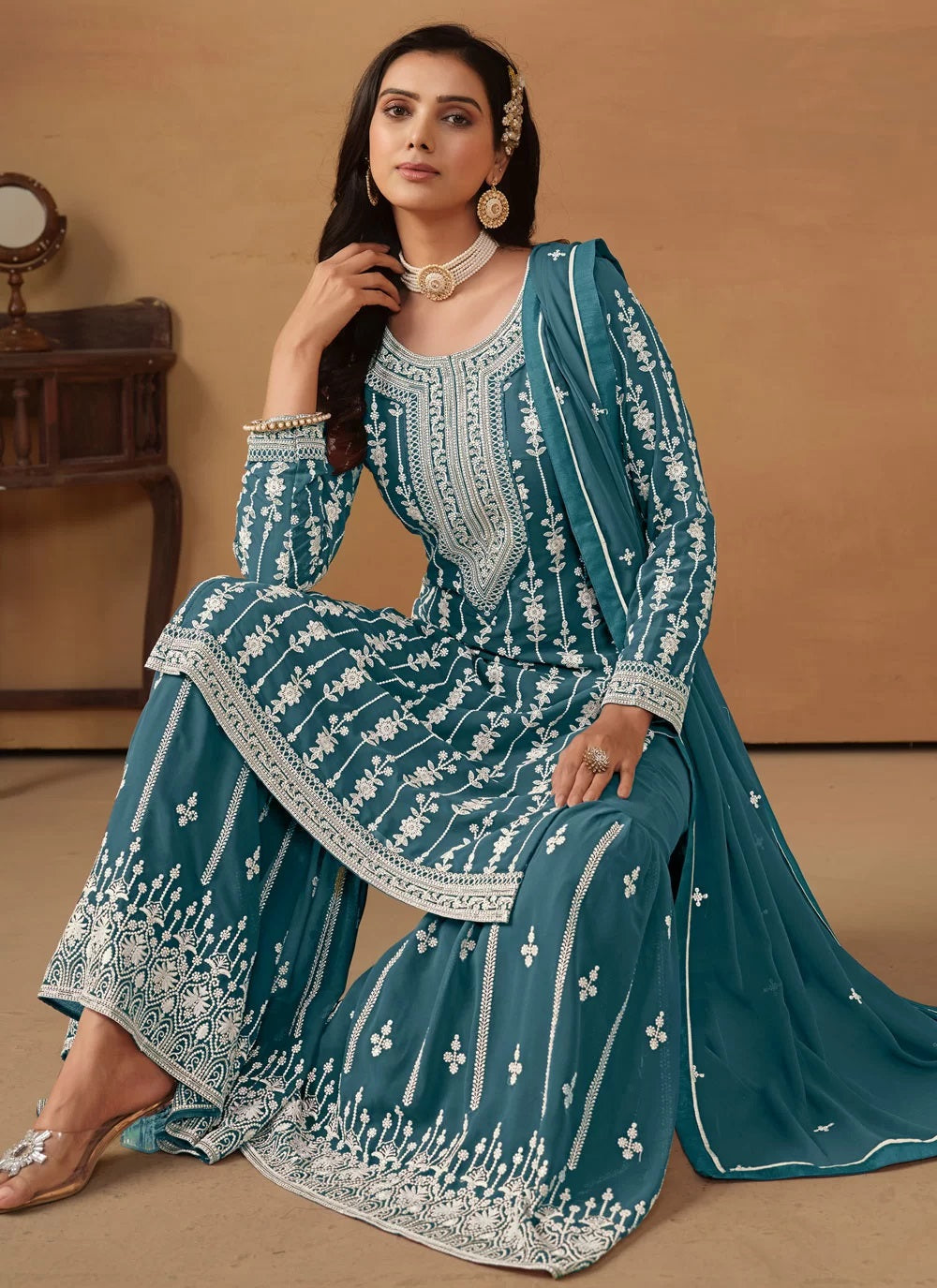 Teal georgette embroidered party wear palazzo suit