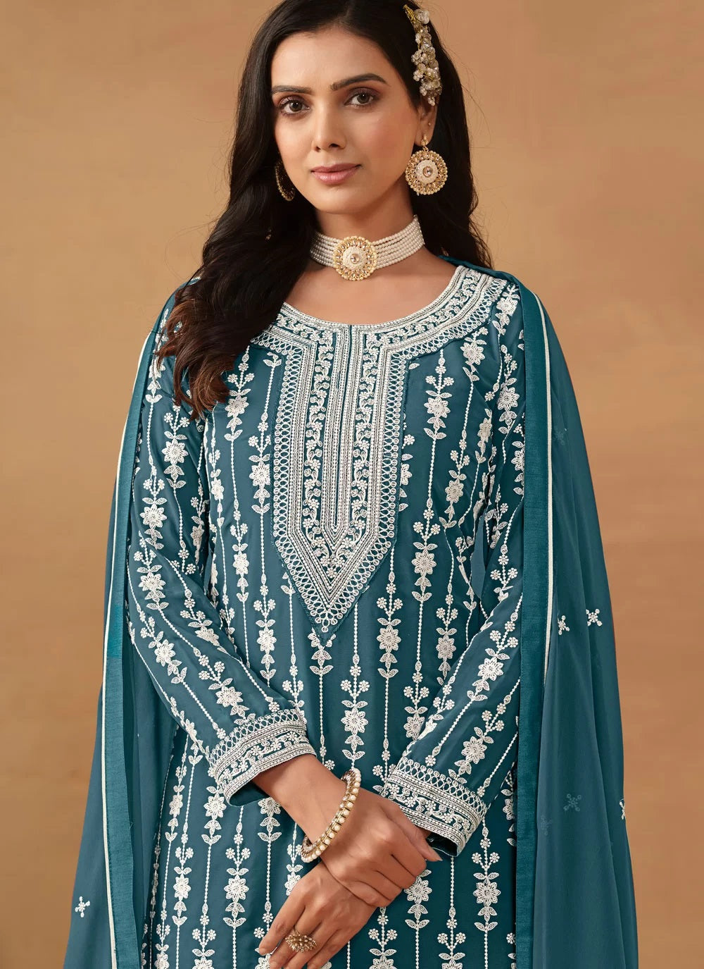 Teal georgette embroidered party wear palazzo suit