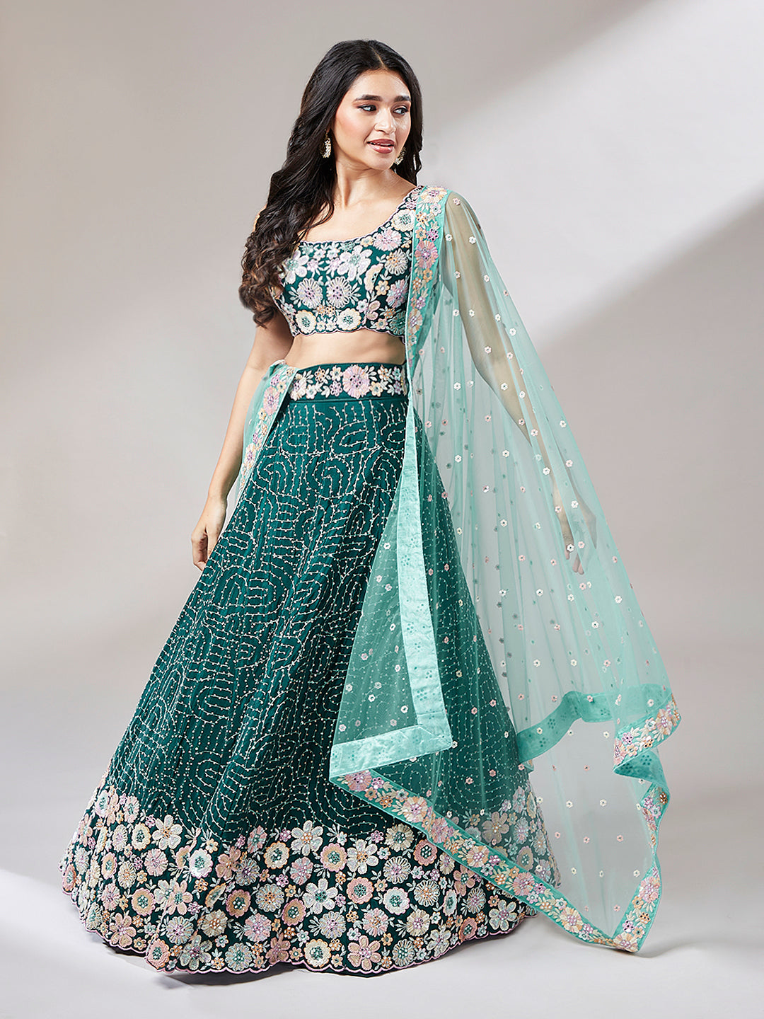 Teal Georgette heavy Sequinse embroidery Semi-Stitched Lehenga choli & Dupatta