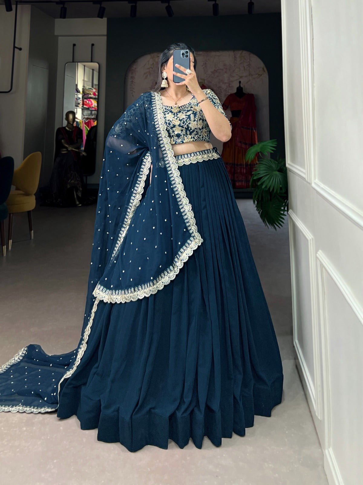 Teal Georgette Lehenga Choli with Embroidered Banglory Blouse, Sequins & Threadwork