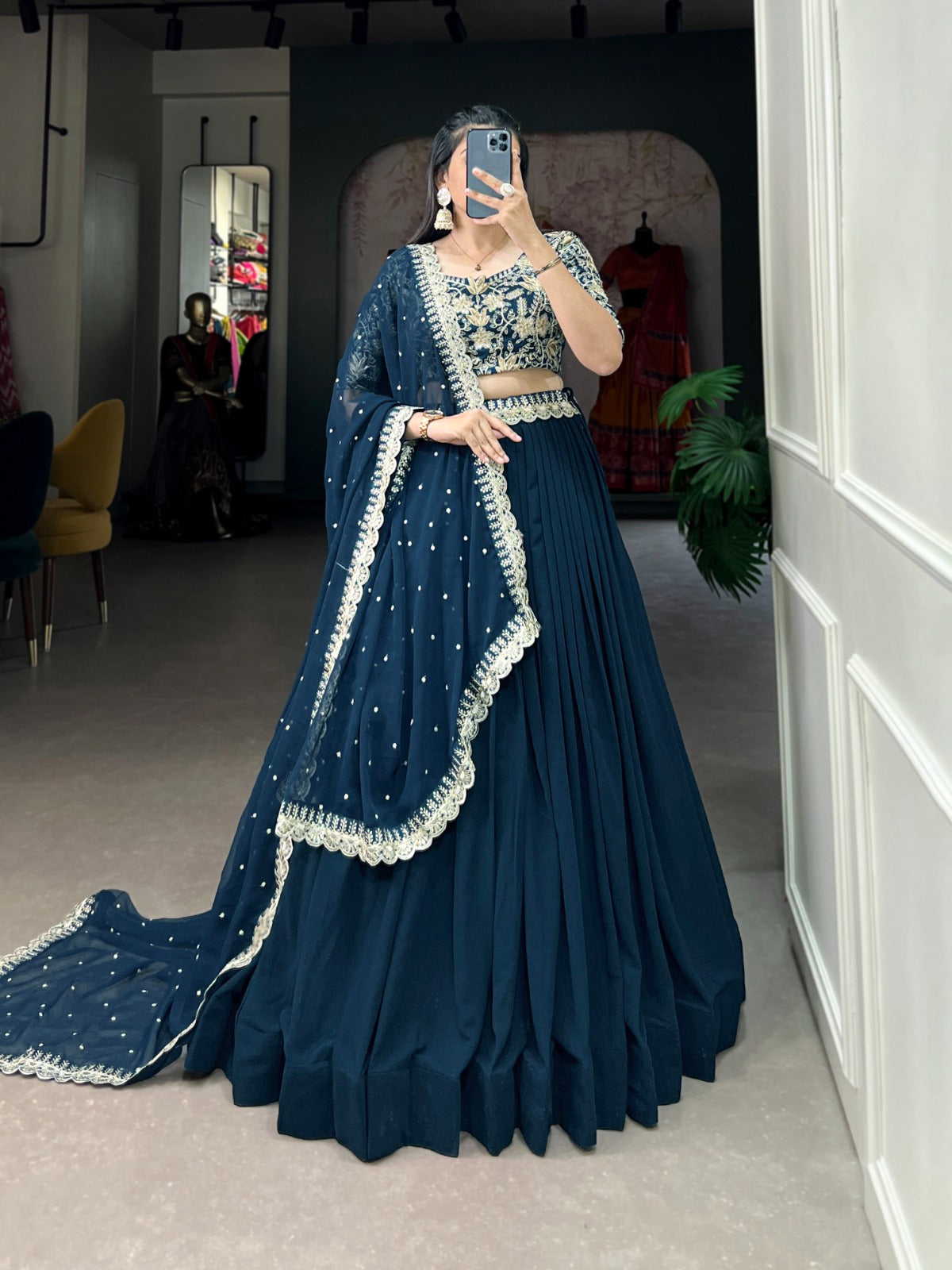 Teal Georgette Lehenga Choli with Embroidered Banglory Blouse, Sequins & Threadwork