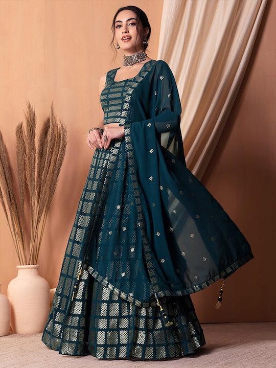 Teal Georgette Sequinned Flared Lehenga Choli