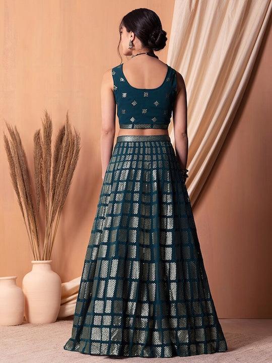 Teal Georgette Sequinned Flared Lehenga Choli