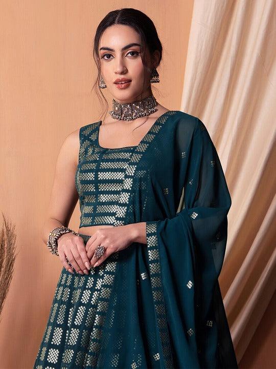 Teal Georgette Sequinned Flared Lehenga Choli