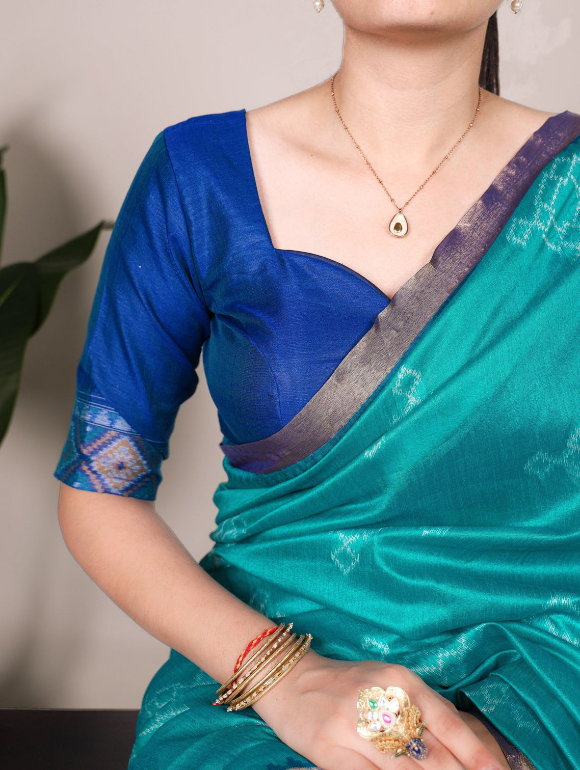 Teal Graceful Jacquard Silk Saree with Printed & Zari Weaving Work