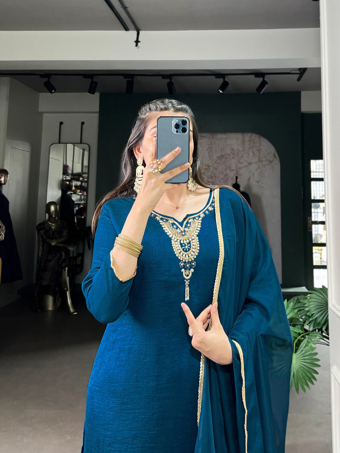 Teal Graceful Vichitra Silk Suit Set with Handwork & Sequins – Lace Border Dupatta, Stitched Top & Bottom